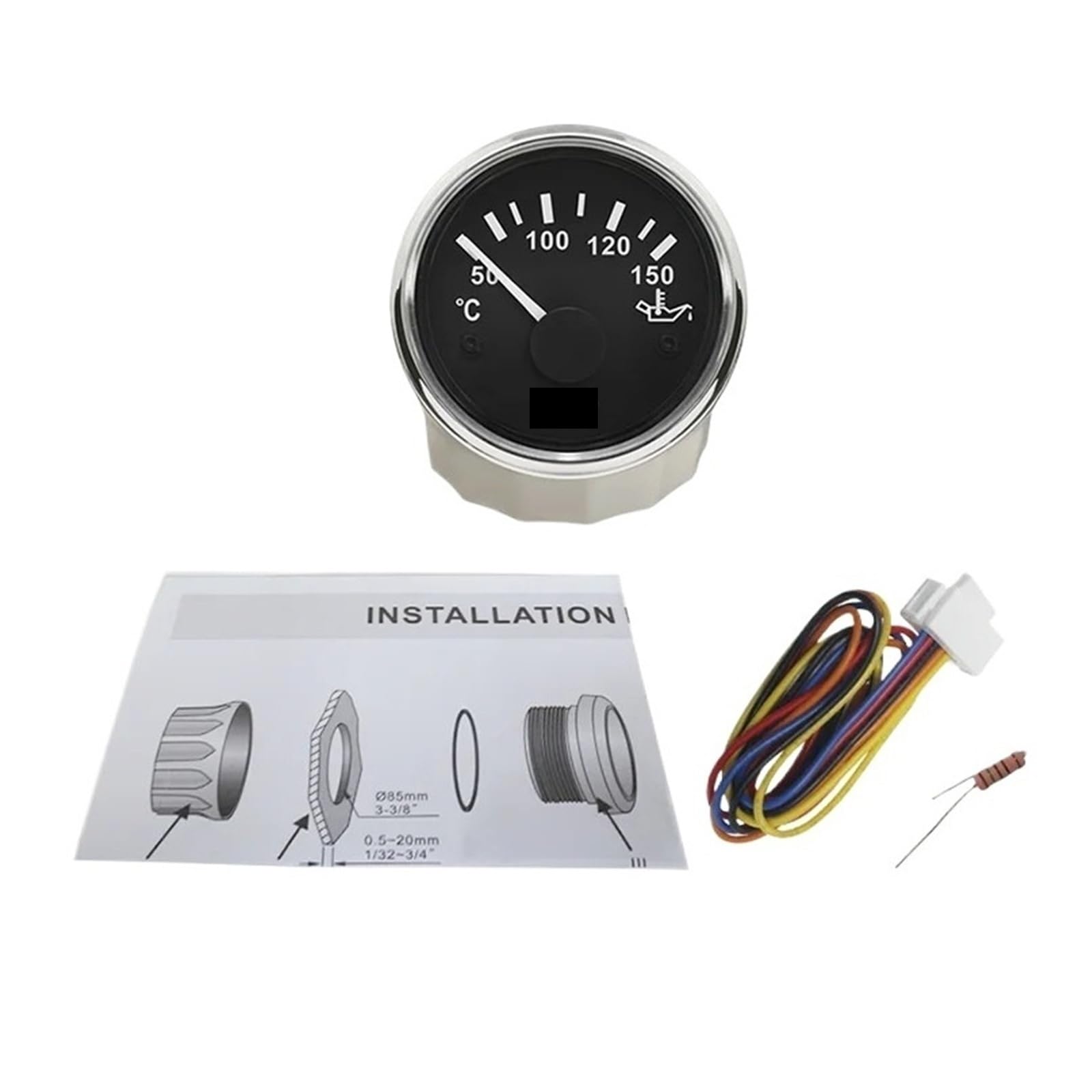 Medidor de temperatura del aceite del barco del camión del coche de 52mm 50-150 grados 12V 24V con luz de fondo amarilla/roja Monitoreo estable(Black)