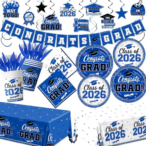 Blue and White Graduation Decorations Dinnerware Set Class of 2026 Decorations Blue Graduation Plates and Napkins Cups Tablecloth Banner for 2026 Congrats Grad Party Decorations Serve 25