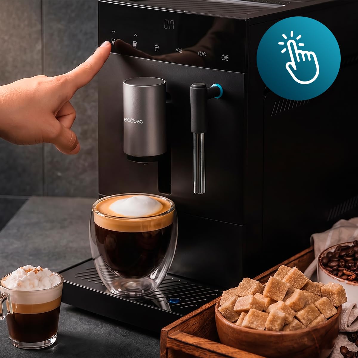 Cecotec Macchina da Caffè Superautomatica Compatta con Montalatte Cremmaet Compact Elite. 1350W, 19bar, Sistema Thermoblock, Contenitore Caffè in Grani 120 g con Macinacaffè e Serbatoio 1,1L