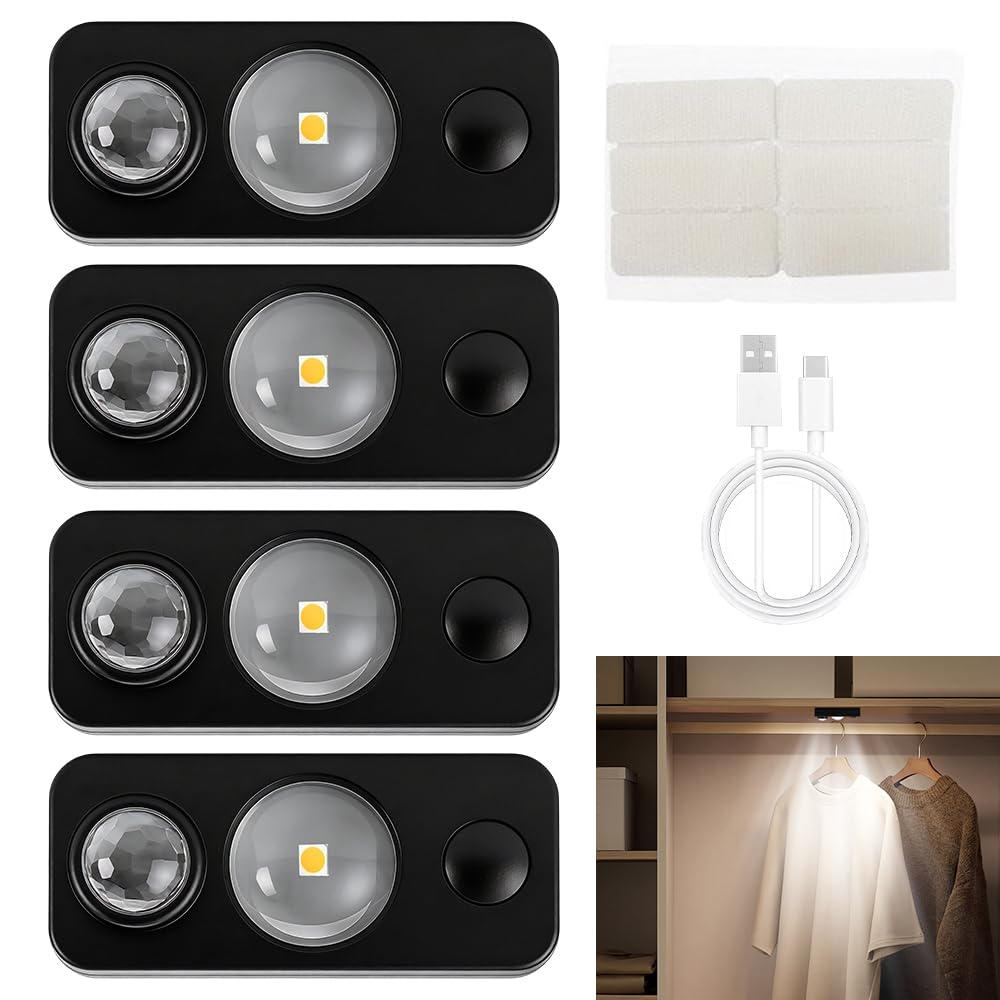 Wxeadu Black Led Motion Sensor Lights Indoor, 4 Pcs Rechargeable Cupboard Lights With 3 Modes, Dimmable Stair Lights, Stick On Wireless Usb Night Lights For Cabinet, Wardrobe, Closet, Hallway, Warm White