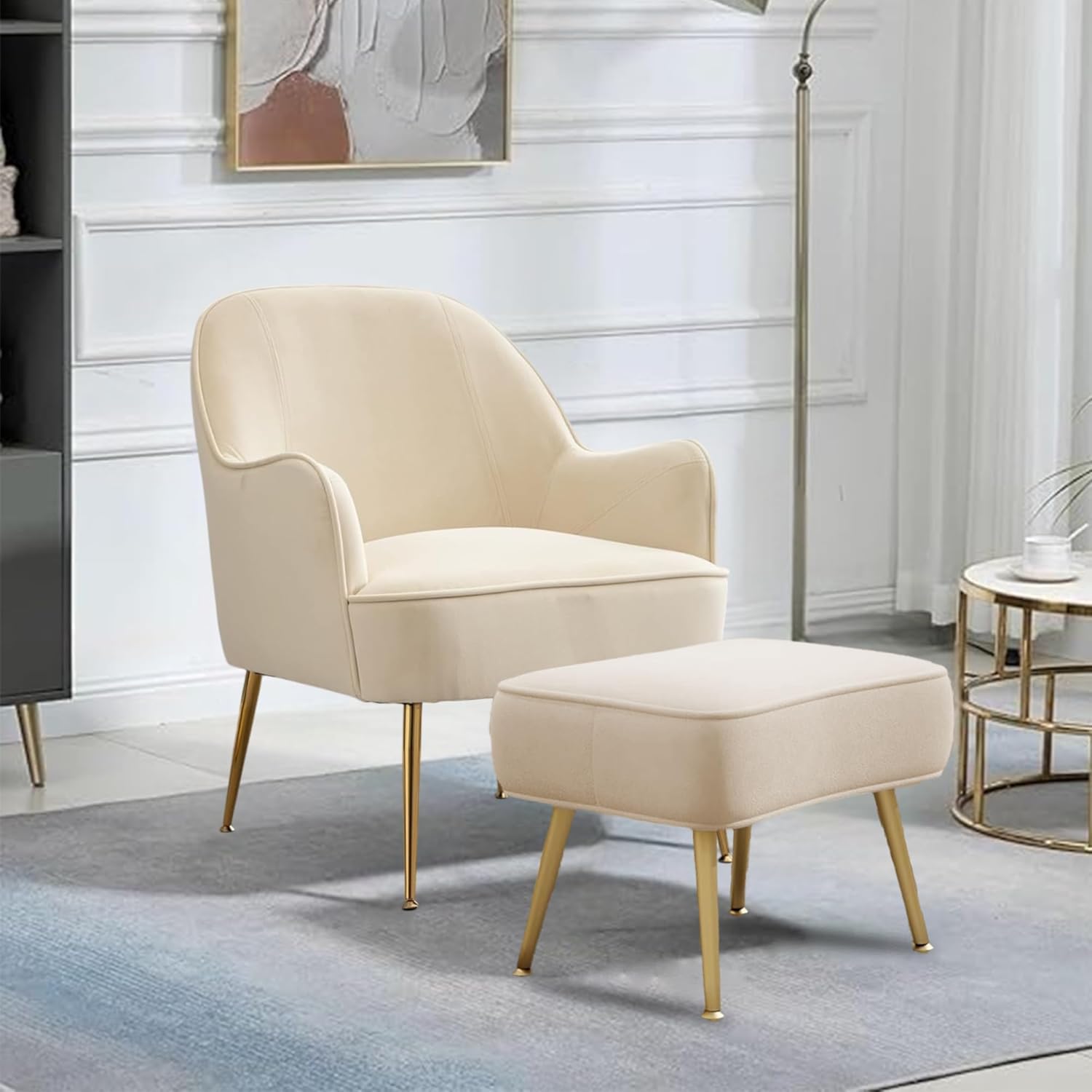 CHAIR DECOR Luxe Velvet Accent Chair with Golden Legs | Luxury Upholstered Armchair for Living Room, Bedroom, Office, or Cafe | Comfortable Modern Cozy Sofa (with Ottoman, Beige)-image-24