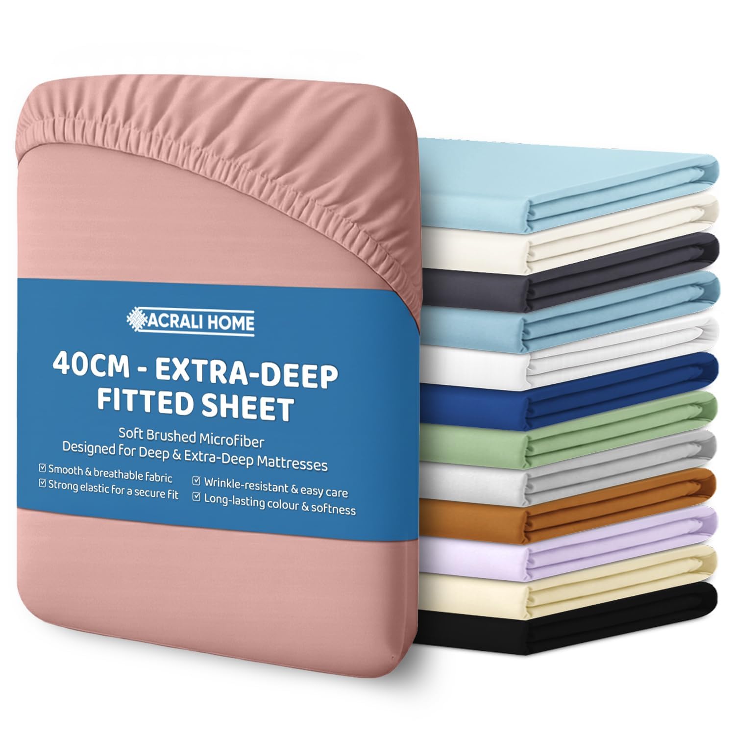 ACRALI HOME Microfiber Super King Fitted Sheet 40cm Extra Deep Fit Pocket - Breathable, Soft & Easy Care Blush Bed Sheet - Wrinkle Free & Fade Resistant (200x180cm)