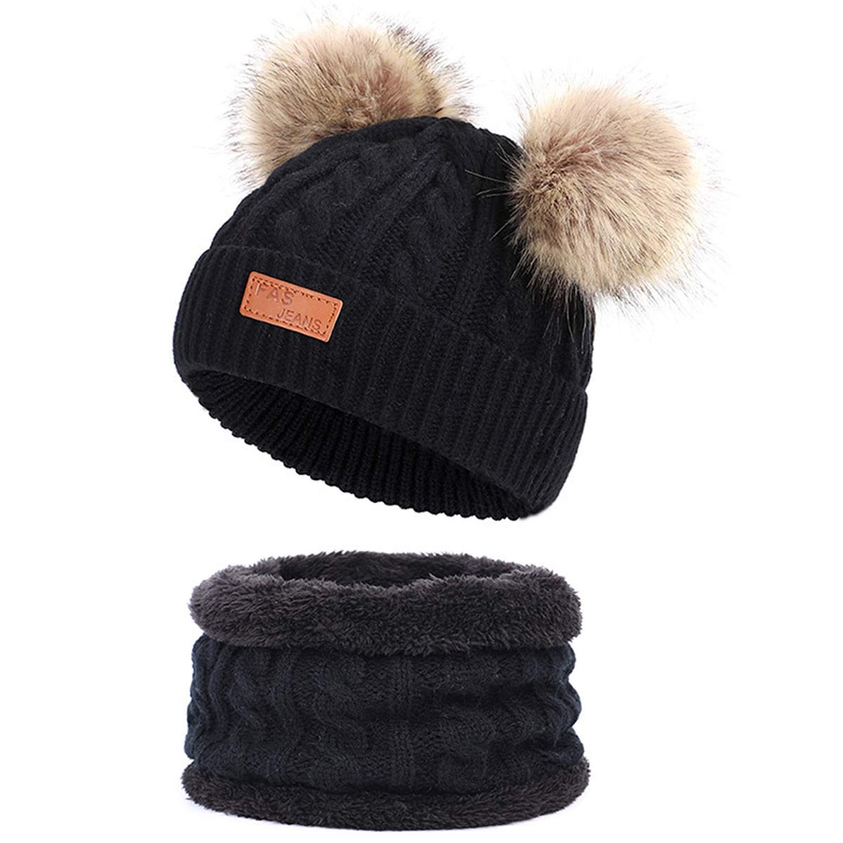 Simoda Unisex Kids Black Children's Winter Hat Scarf Set Knitted Warm Skiing Beanie Cap With Lovely Pompom (Black)