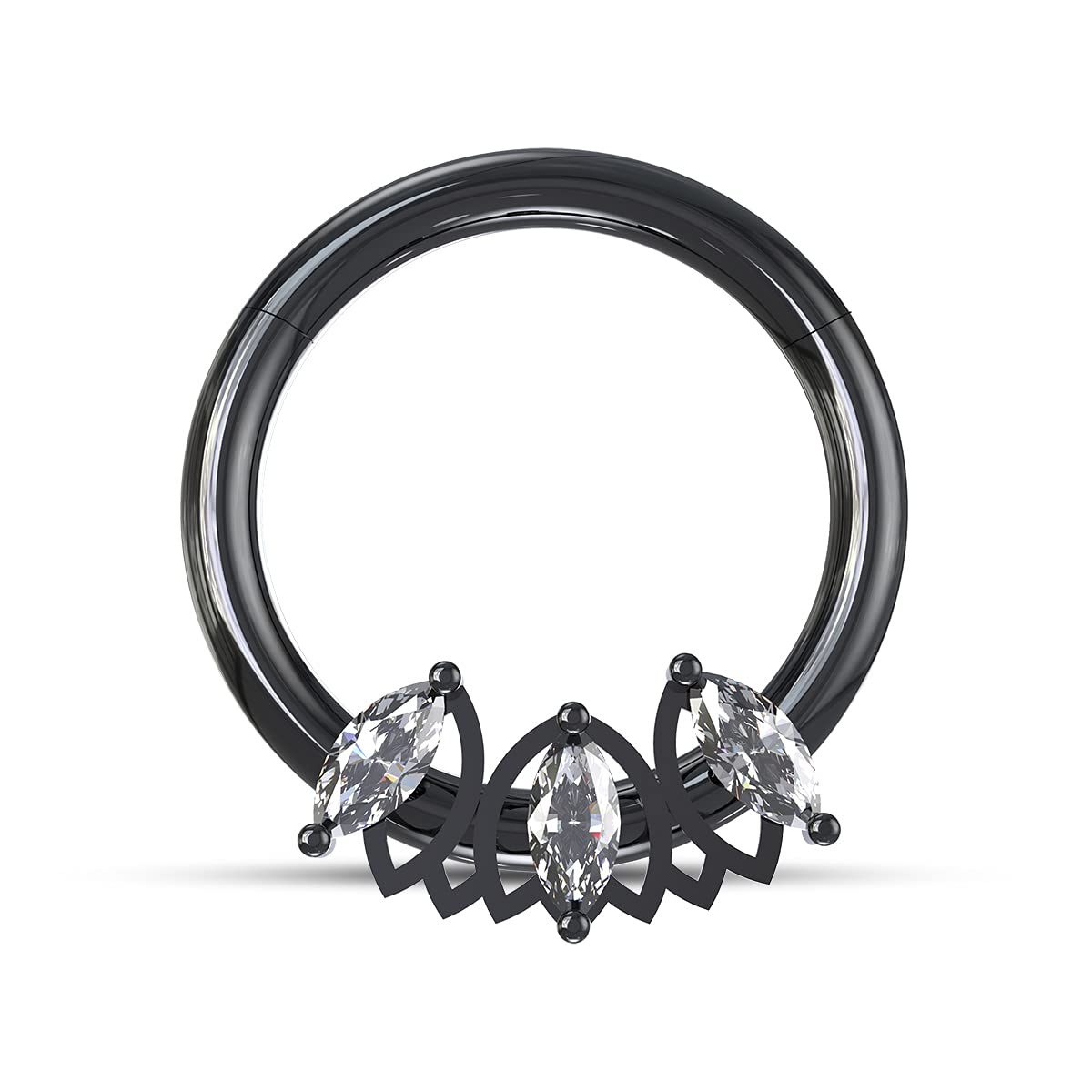 MONSTER PIERCINGPiercing de nariz anodizado negro calibre 16 (1,2 mm) – 7 mm de diámetro, acero quirúrgico 316L tri marquesa floral con bisagras, piercing para la nariz, Acero aleado