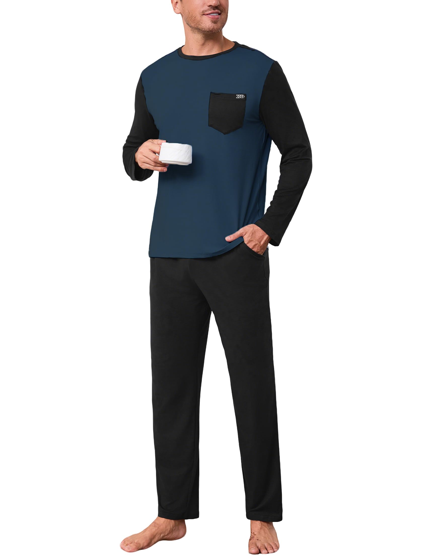 Terecey Pigiama Uomo Invernale Cotone Pigiami Due Pezzi Lungo con Scollo a V Set da Notte Casa con Top a Manica Lunga e Pantaloni Pigiami con 3 Tasche per la Casa