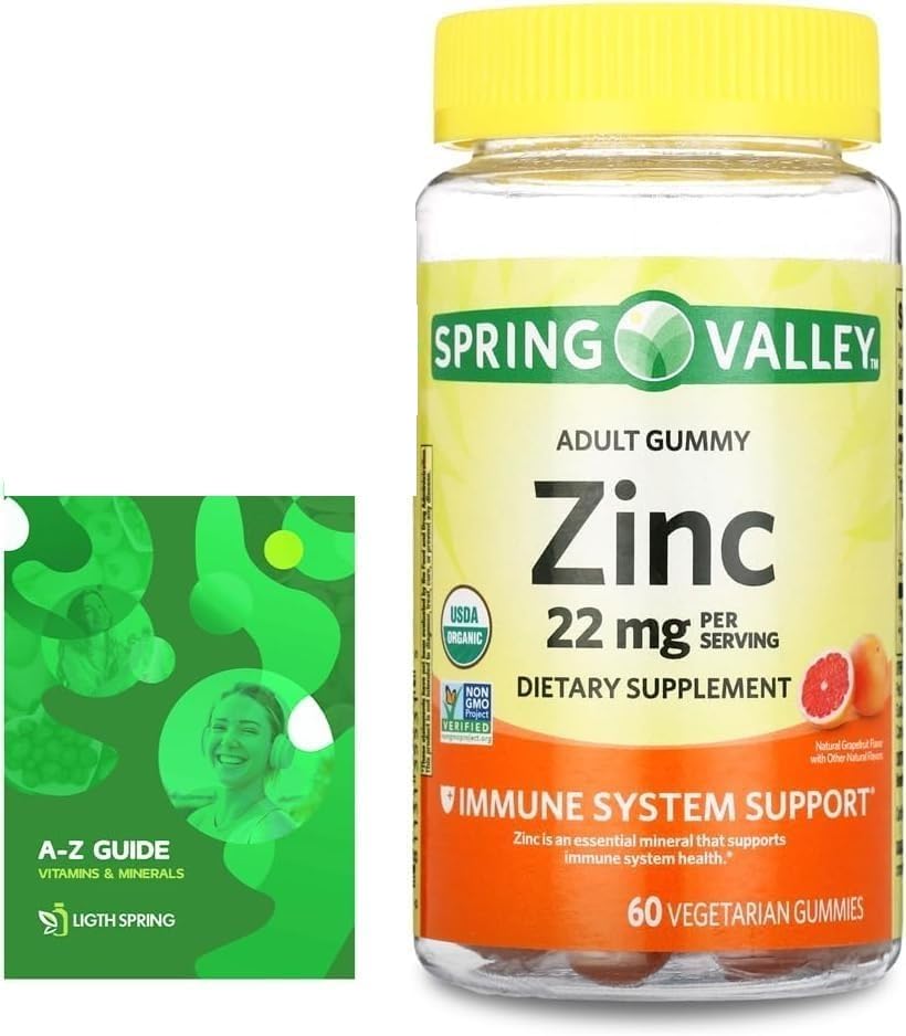 Zinc Gummies, 22 mg Grapefruit Flavor 60 Count Immune System Support Zinc Supplement - Bundle with Exclusive Vitamins & Minerals - A to Z -Better Ligth&Spring Guide (2 Items)USDA Organic