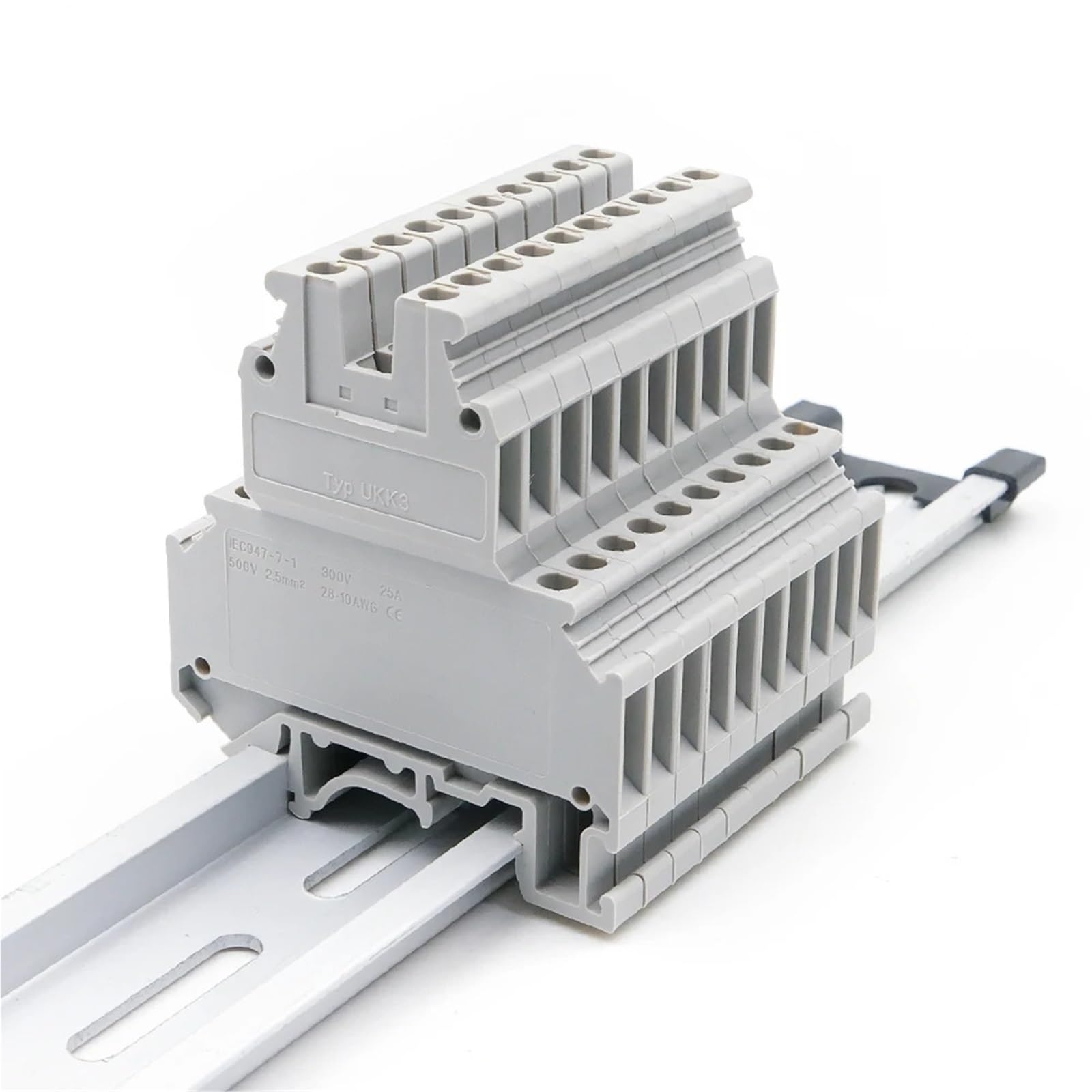 10Pcs UKK 3 DIN Rail Terminal Block Screw Clamp Double Layer Laminated Brass Core Fireproof PA66 for Industrial Distribution