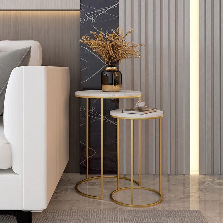 Image of Round Nesting Table Simple Modern Small Round Table MDF Top Metal Table Living Room Sofa Set of 2 (Golden White)