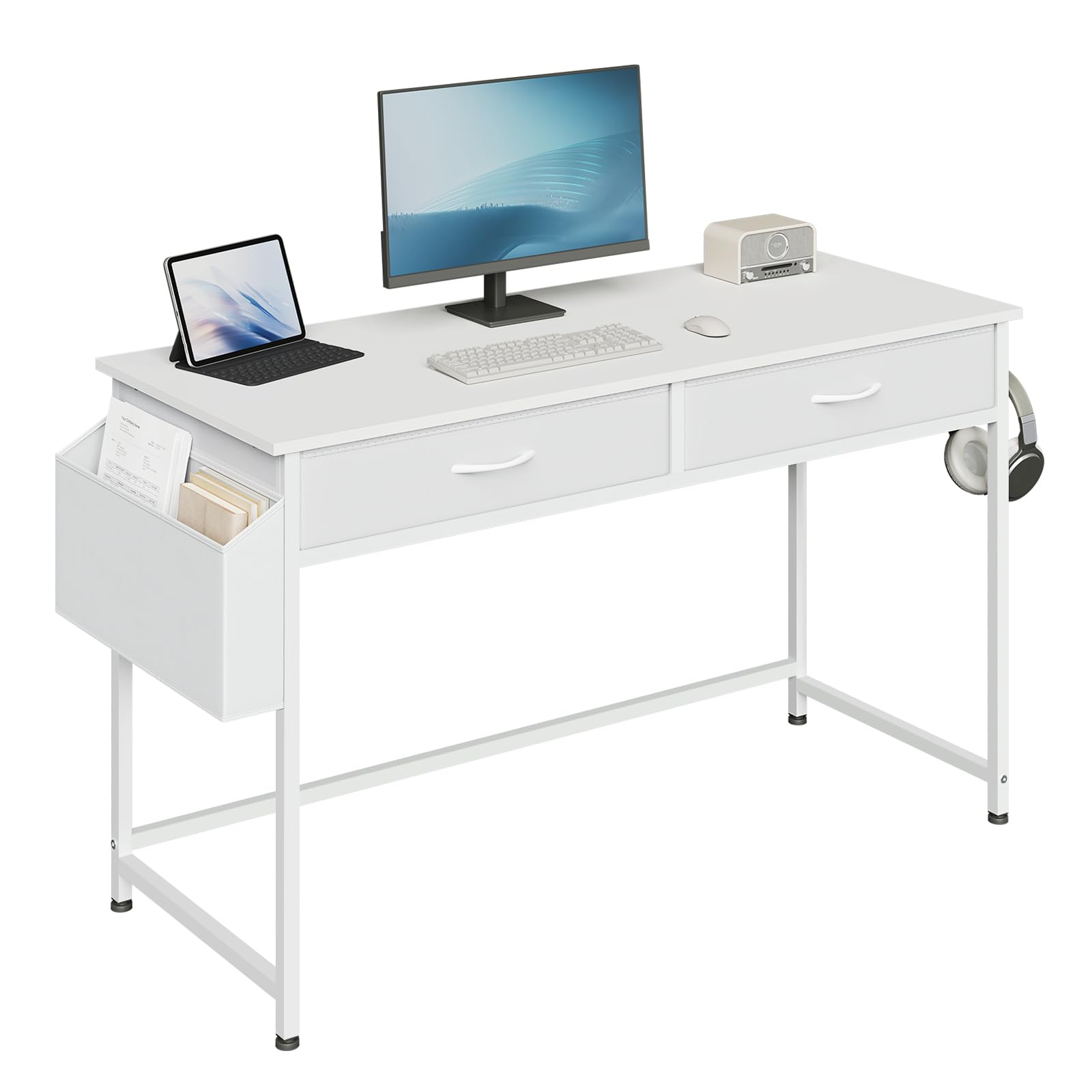 Klihome Escritorio con 2 Cajones, 120x50cm, Mesa de Ordenador con Bolsillo Lateral y Gancho, Escritorio Estudio Infantil, Estructura Metálica, Blanco
