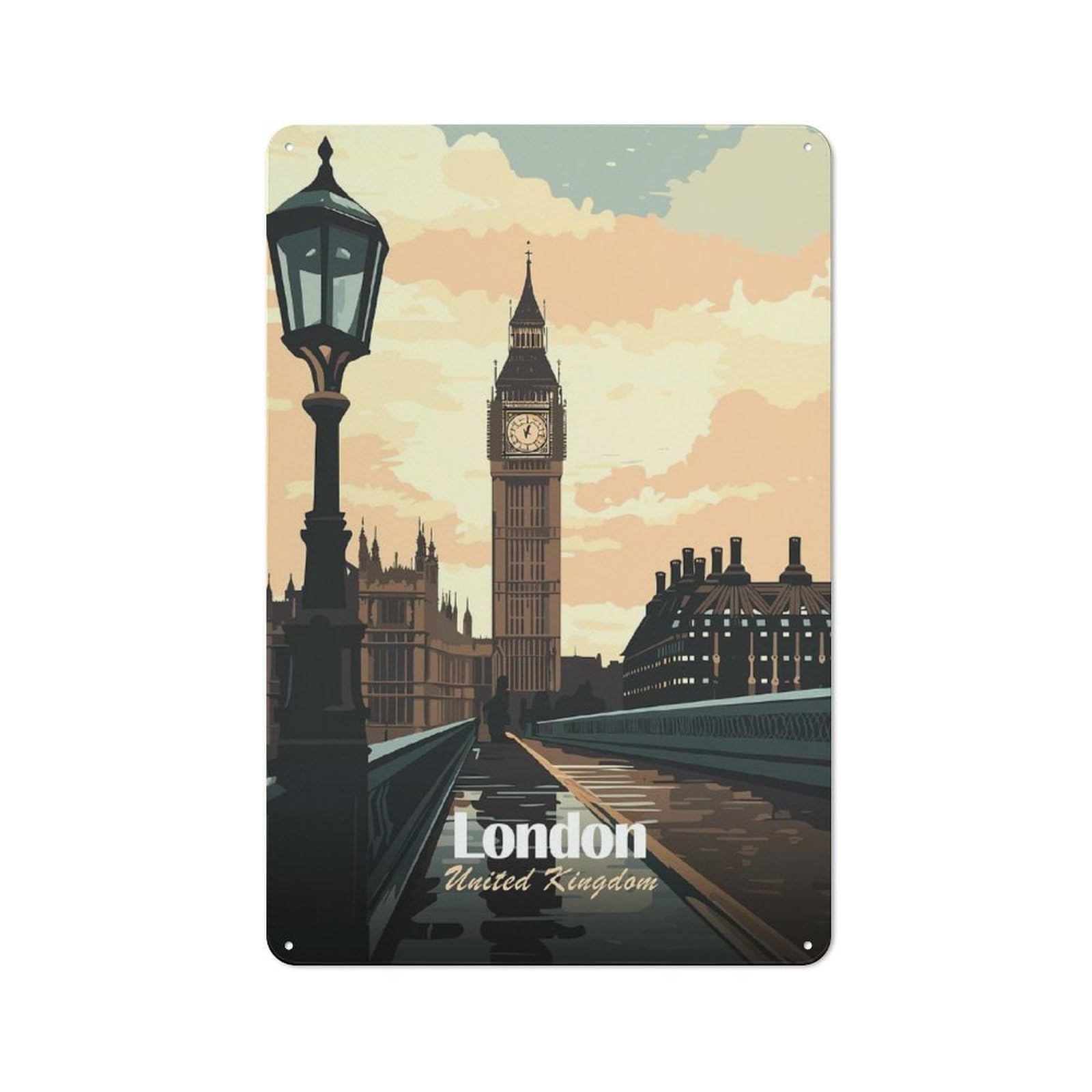 Junmoney London, United Kingdom Illustration Rustic Metal Plaque 30X20cm For Guest Room Or Hallway, A Decorative Metal Sign For Guest Rooms And Hallways