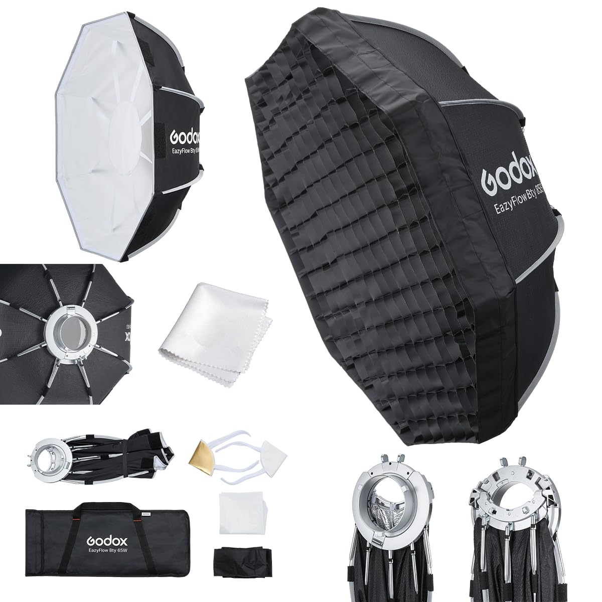 Godox EazyFlow Bty 65W Składany Softbox Beauty Dish 65 cm Szybkie Rozkładanie, Białe Wnętrze, Mocowanie Bowens, Grid Plaster Miodu i Deflektory. Idealny do Fotografii Portretowej i Zdjęć