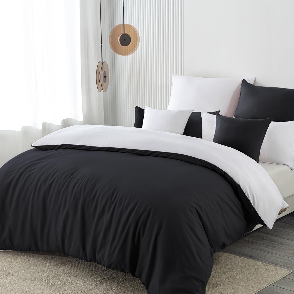 Nesture Bettwäsche 155x220 2teilig Schwarz/Weiß Bettwäsche Sets Microfaser Wendebettwäsche 155 x 220, weich & bügelfrei 1 Bettbezug + 1 Kissenbezug 80x80cm mit Reißverschluss