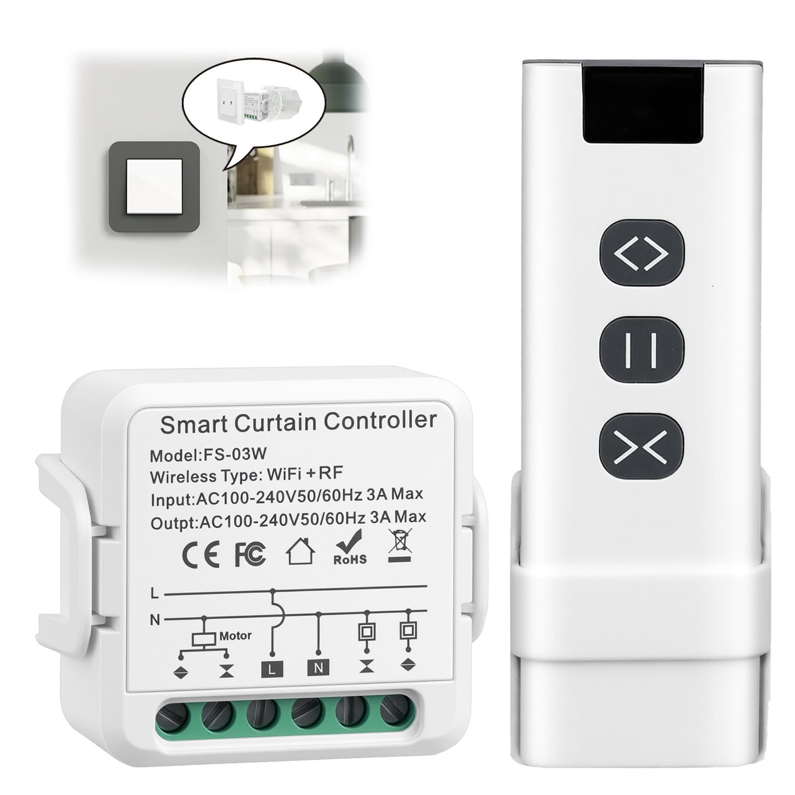 Wifi Smart Shutter Switch, Smart Home Shutter Control with RF Remote, Compatible with Smart Life, Tuya, Alexa and Google, Neutral Wire Required, Timer