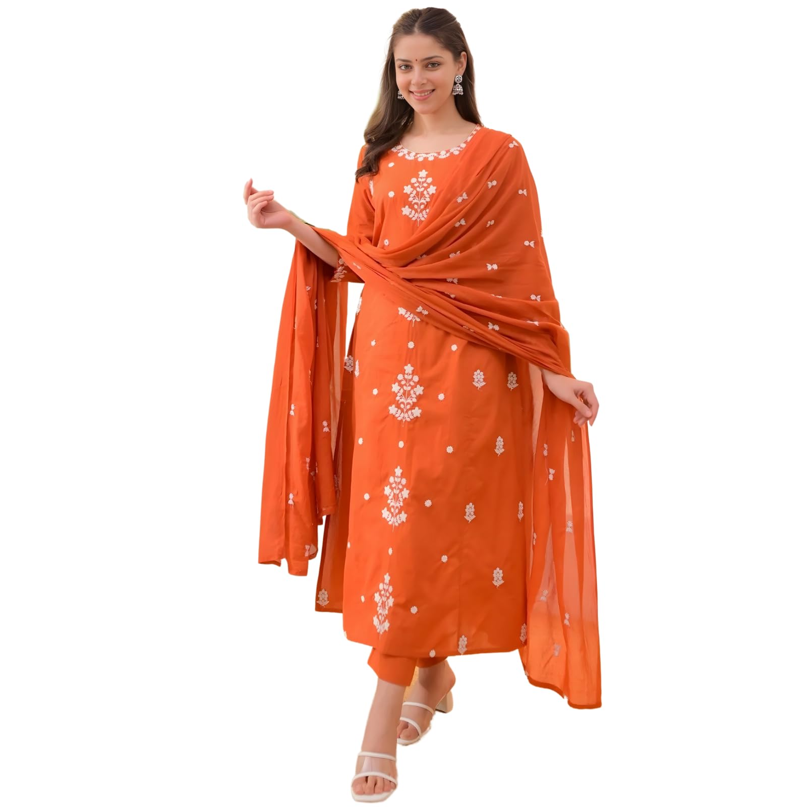 shishkala Women’s Orange Embroidered Kurta Set with Dupatta | Straight Kurta Pant Set | Ethnic for Wedding | Festival | Party & Daily-picture-44