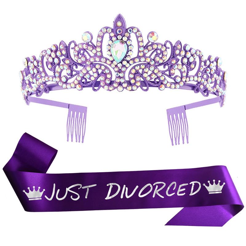 Just Divorced Sash Crystal Crown Set Purple Funny Divorcee Divorced Gifts for Women Happy Divorce Party Decorations
