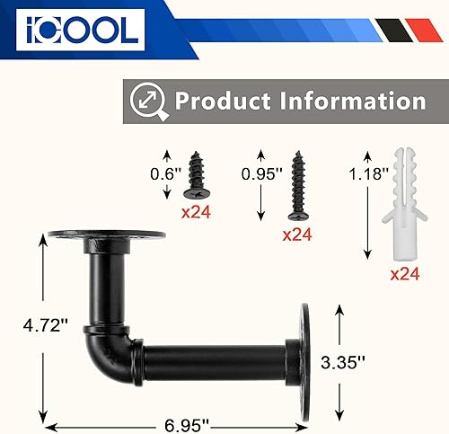 Miniatura 2 de ICOOL Paquete de 4 soportes de estante de tubo de 34 pulgadas, soportes flotantes de pared industrial para tableros de 8, 10, 12, 14 pulgadas,