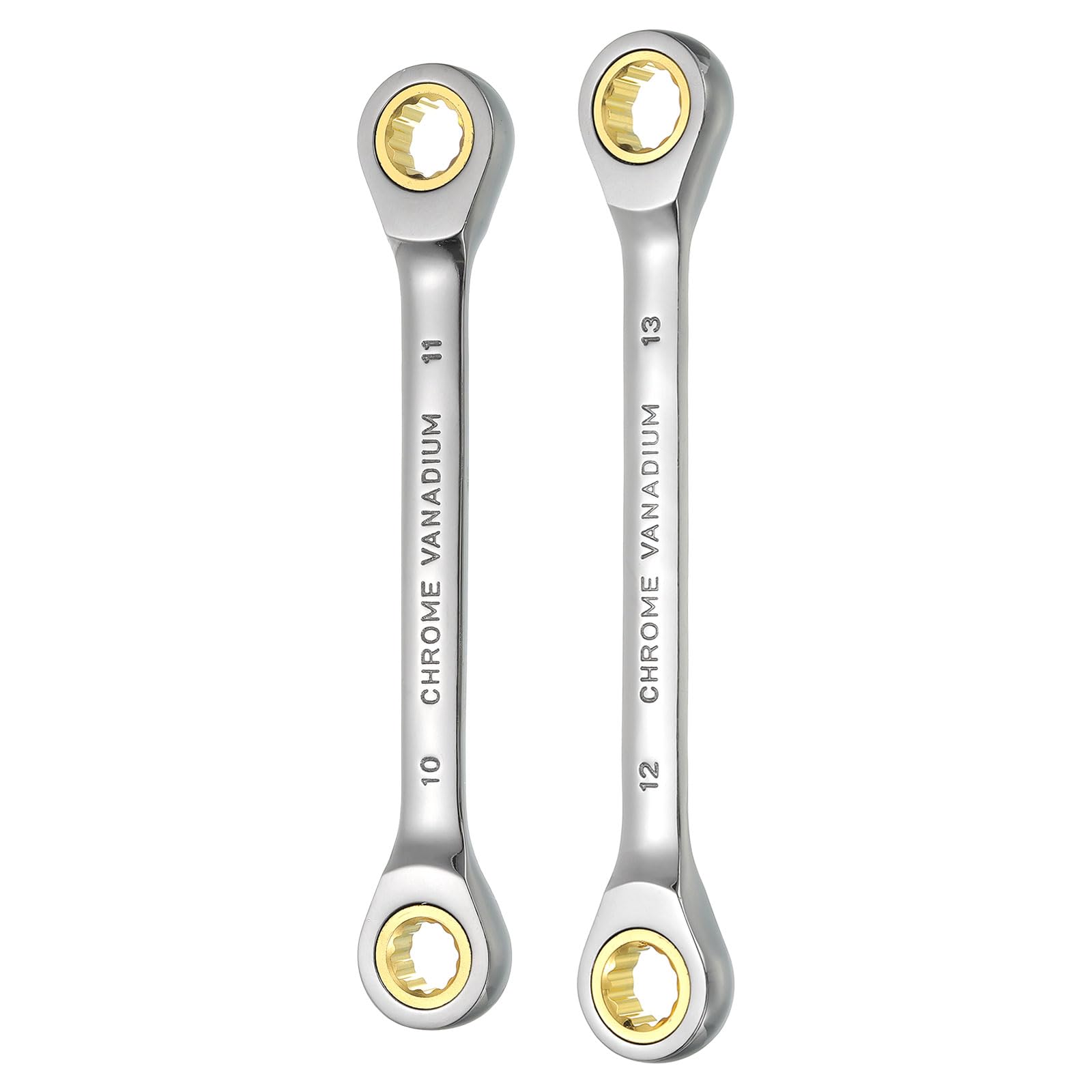 HARFINGTON 1 Set Double Box End Ratcheting Wrench 10 x 11mm / 12 x 13mm Metric 72 Tooth Ratchet Gear Spanner Tools CR-V Black Nickel Plating Dual Box