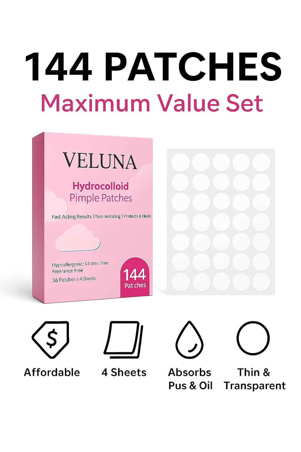 Hydrocolloid Pimple Patches for Face – 144 Count Invisible Acne Spot Dots | Fast-Acting, Waterproof Zit Stickers | Non-Irritating Blemish Patches for Overnight Healing - Image 2