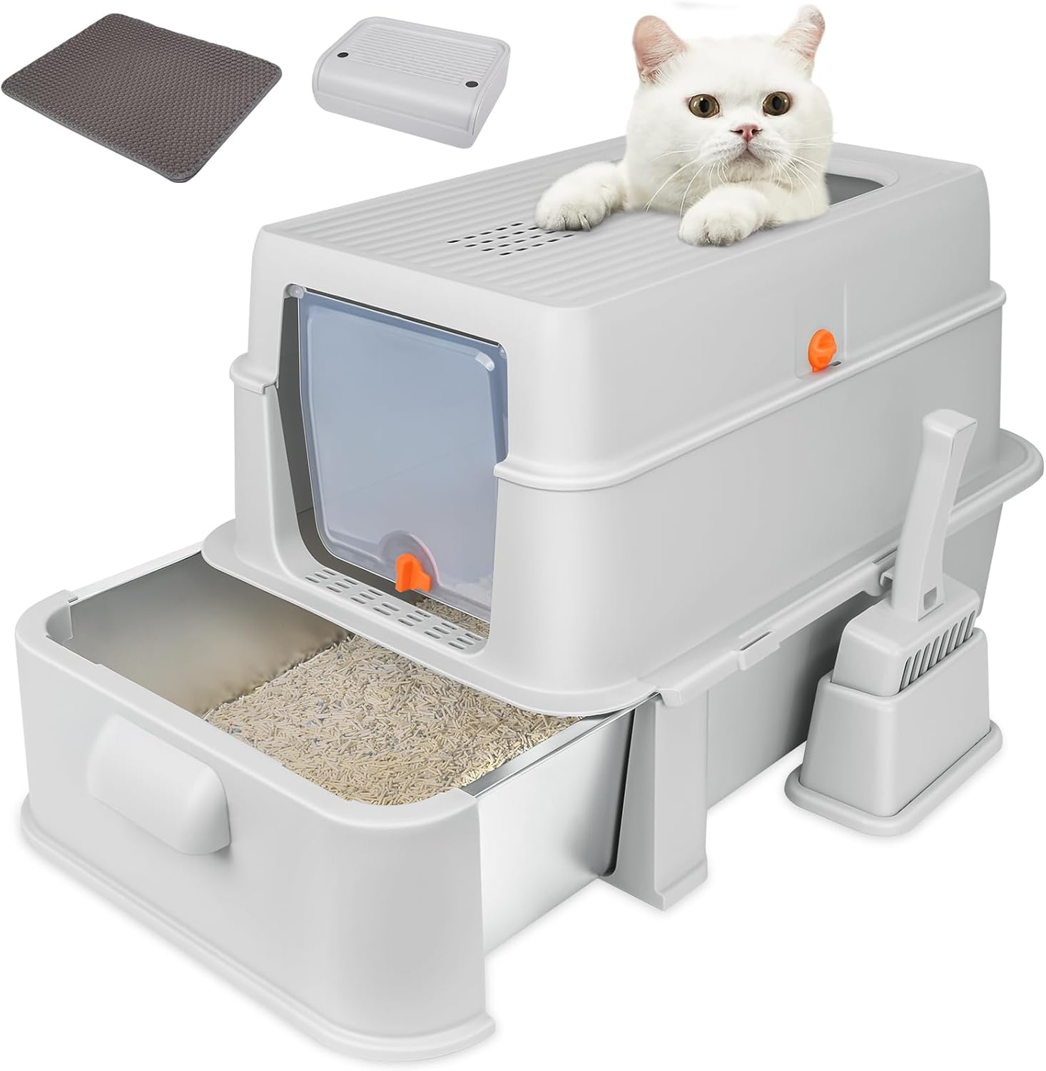 ELEGX Odor-Control Extra Large 24" L×16" W Drawer Design Stainless Steel Cat Litter Box,XL Large 4-in-1 Cat Metal Litter Box Set,Extremely Easy to Clean,Enclosed Removable with High Sided Enclosure Grey Large