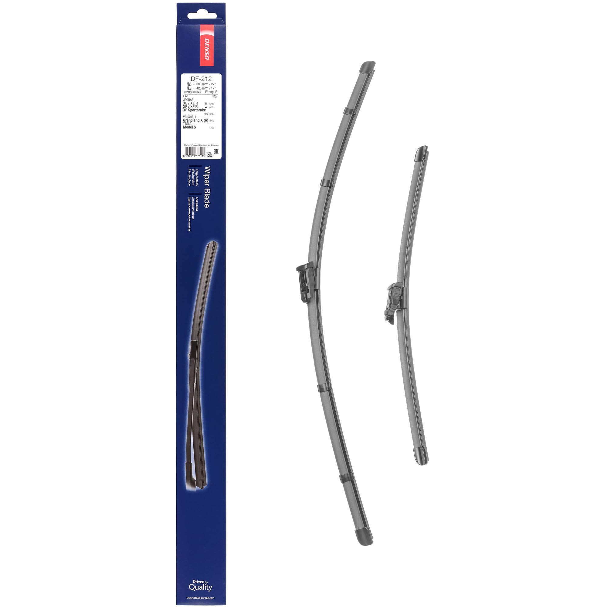 Kit de Escobillas Limpiaparabrisas Planas DENSO (DF-212), 2 Unidades 680/430mm – Vehículos con volante a derecha – Silenciosas y Duraderas con Diseño Aerodinámico – Escobillas Limpiaparabrisas OEM