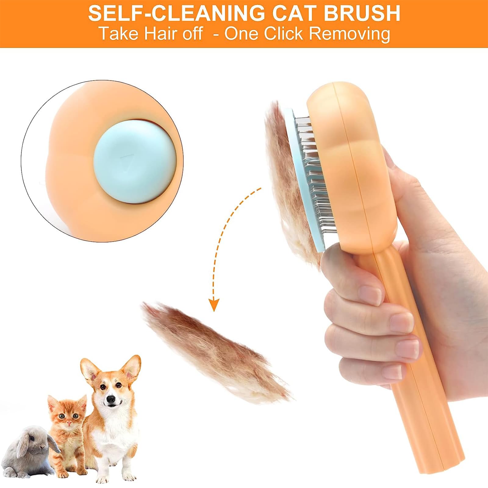 Szczotka samoczyszcząca do depilacji, Clean Pet Hair with One Click, szczotka do czyszczenia sierści zwierząt domowych, szczotka dla kotów, nadaje się do krótkich, długich, kręconych włosów (pomarańczowa)