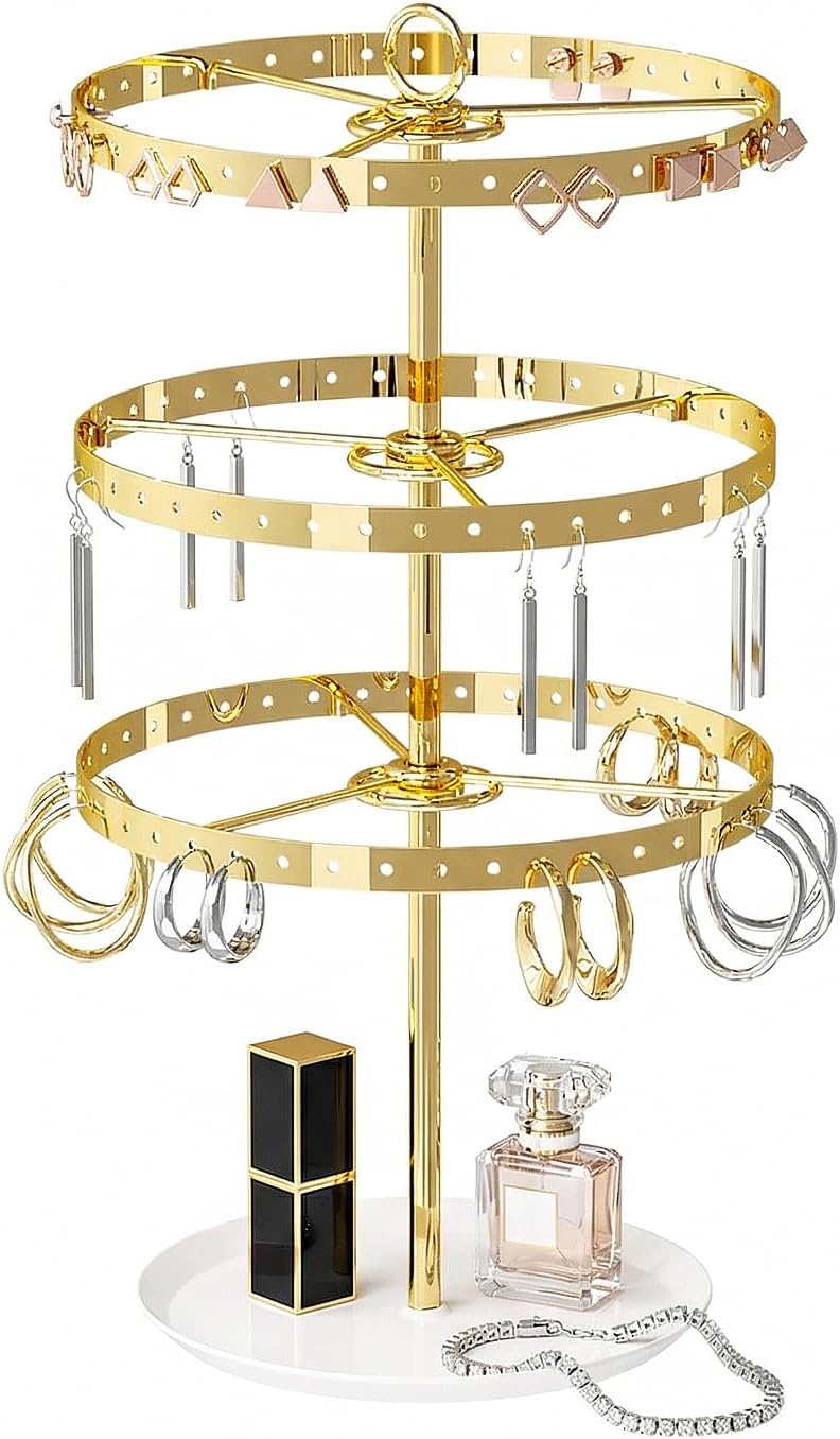 Gghenda 3-Tier Gold Metal Earring Organizer - 360° Rotating Stand with 126 Holes, T-Shape Display Rack