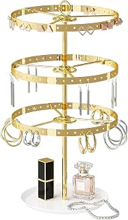 Gghenda 3-Tier Gold Metal Earring Organizer - 360° Rotating Stand with 126 Holes, T-Shape Display Rack