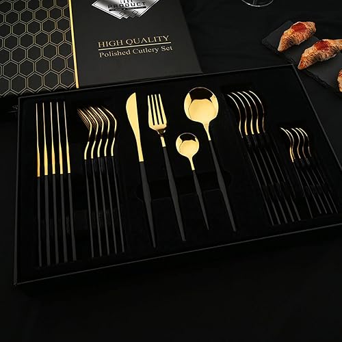 Miniatura 2 de JASHII Juego de 24 piezas de cubiertos negros y dorados, juego de utensilios de alimentación reales pulidos con espejo, servicio para 6 personas,