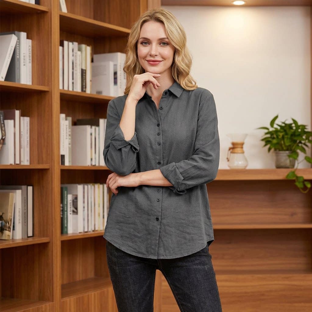 Camicia Donna,Camicie da Donna in Cotone Spazzolato a Tinta Unita, Eleganti Bluse a Maniche Lunghe per L'Ufficio.