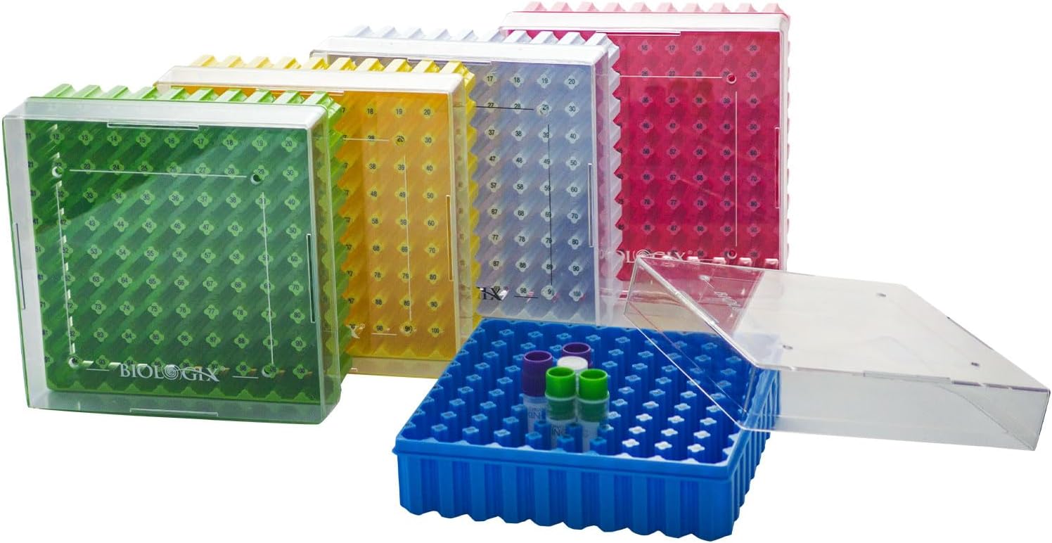 Polycarbonate Freezer Boxes for Sample Storage, 2 in 100-Well Cryoboxes, Assorted Colors Laboratory Vial Storage Boxes, 5 Pcs/Pack