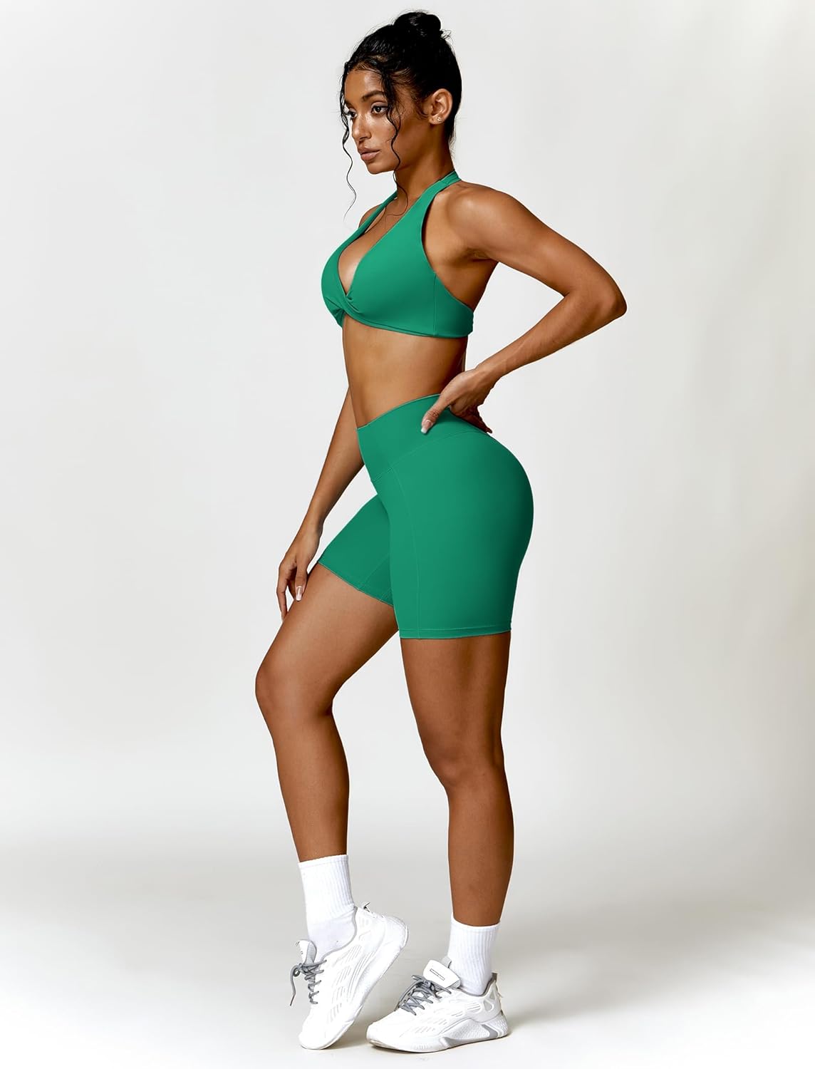 ABOCIW Workout Sets for Women Twist Front Halter Neck Sports Bra High Waist Biker Shorts 2 Piece Gym Outfits - Image 4