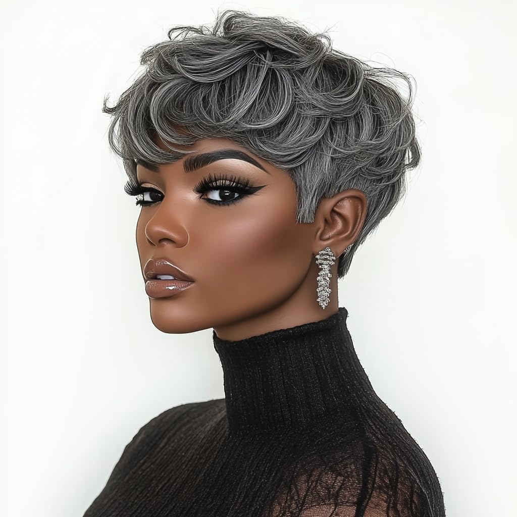 BingSing Pixie Cut Wigs Short Wigs for Black Womens Pixie Curly Hair Short Wigs Salt and Pepper Wigs for Womens Black White Pixie Short Wig for Old