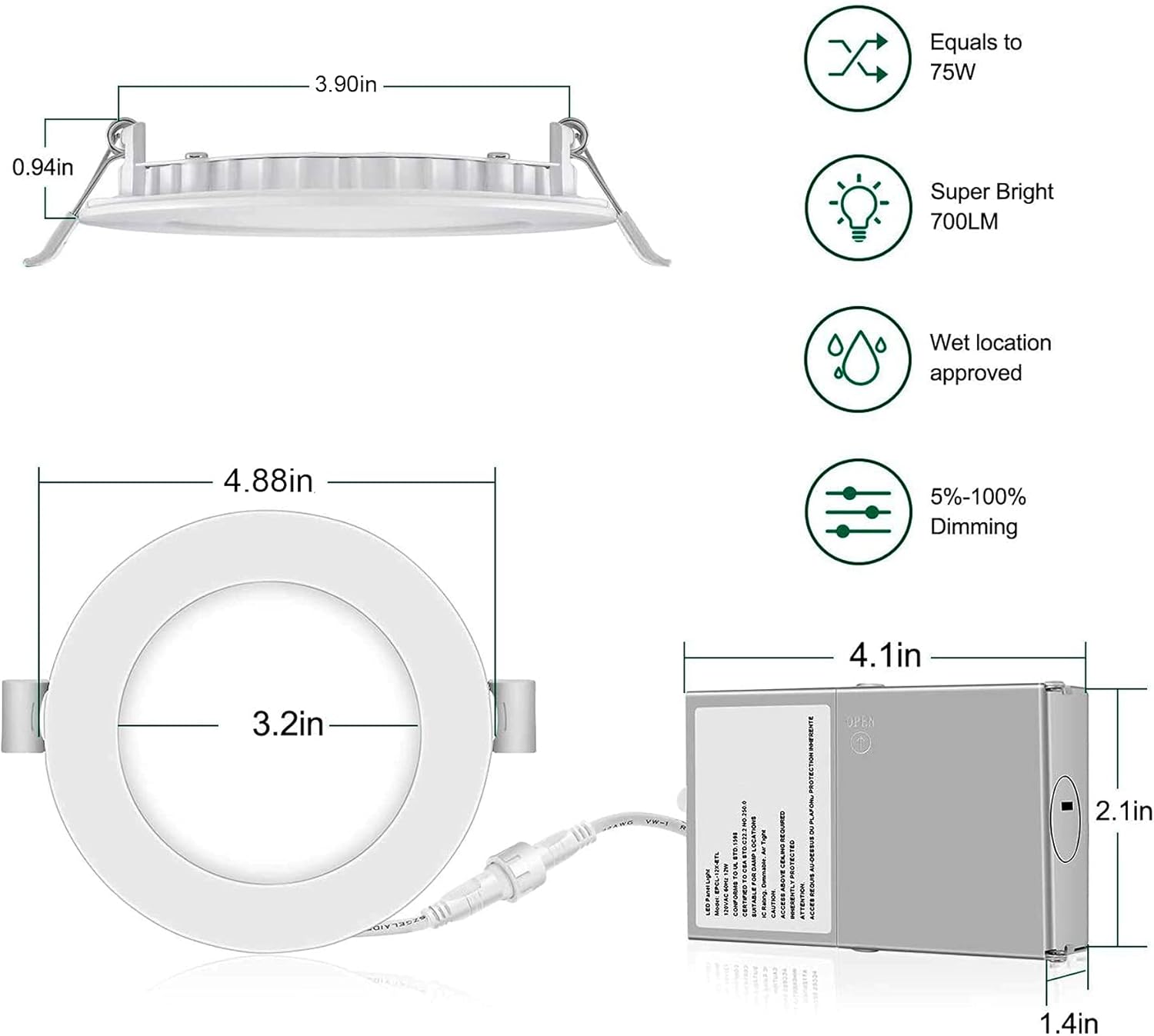 3MW LED Pot Lights 6 Inch 6 Pack (12 Watt 900 Lumens), LED Ceiling Lights with Junction Box, ETL & Energy Star Certified, IC Rated for Insulation Contact | (5000K – Day Light)