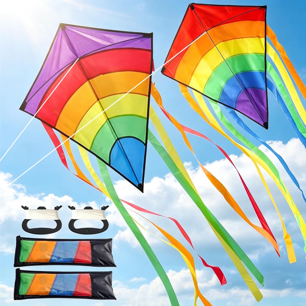 2PCS Diamond Kite, Large Delta Kites, Large Beginner Kite with Long Tail & 80 Meters Flying String for Parks, Beaches, Picnics, Camping Game Summer Outdoor with Storage Bag and PVC Pouch