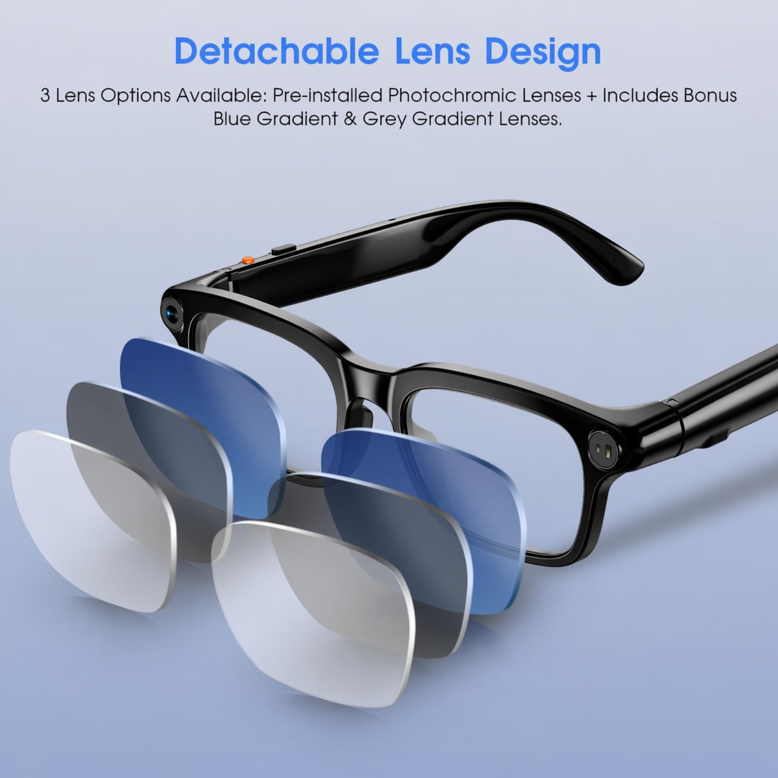 GenXenon Lunettes Caméra, Caméra 8 MP für Enregistrement Vidéo, Foto und Reconnaissance d’Objets IA, Batterie 300 mAh, Lunettes Connectées pour Voyages, Vlog et Outdoor Aventure（Trois lentilles）