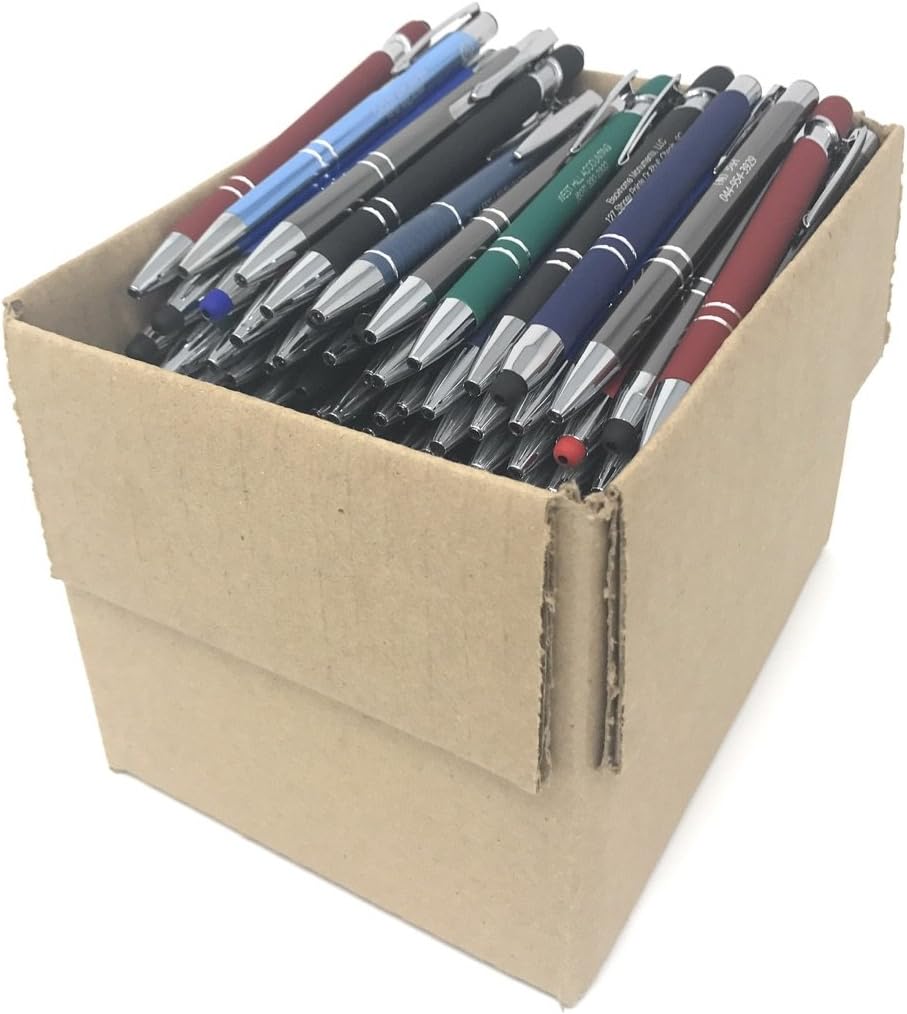 5 lb. Box of Assorted Misprint Metal Retractable Ball Point – Bulk Misprinted Pens, Stylus Tip, Comfort Grips, Wholesale Office Home School Black Blue Ink – Approximately 120 Pens per Box