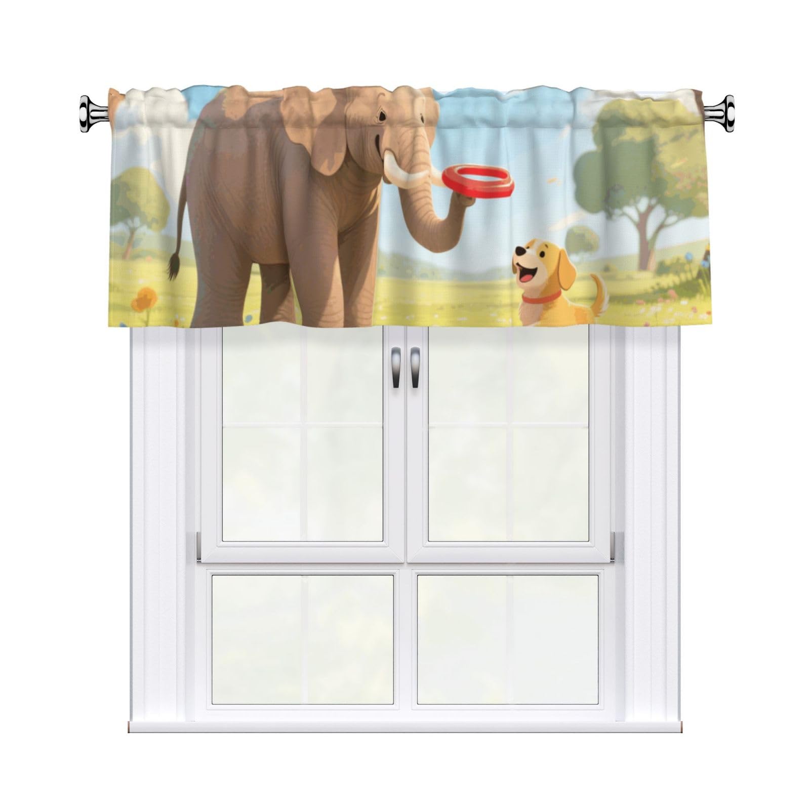 FekiLoot Elephant and Dog Curtain Valance for Windows, Kitchen Window Valances Rod Pocket Window Treatments Short Curtains Drapes for Bathroom Bedroom Cafe Decor 54x18inch 1 Panel
