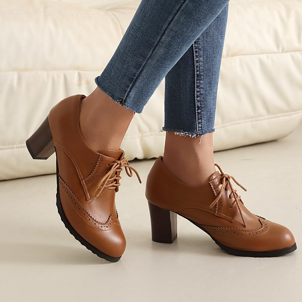 Women's Lace Up Wingtip Oxford Pumps Brogues Perforated Chunky Block High Heel Vintage Dressy Shoes