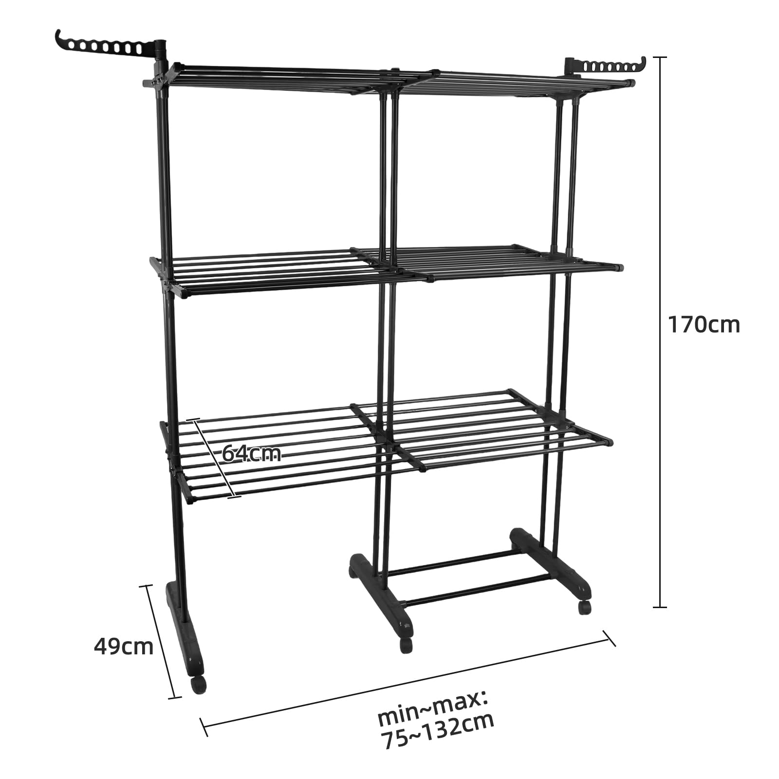 HUOLE Séchoir à Linge Tour Peu encombrant, étendoir à Linge Extensible, Table de Lavage Pliable pour l'intérieur et de Grandes familles,49 x (75-132) x 170 cm (Noir + Tube Noir)