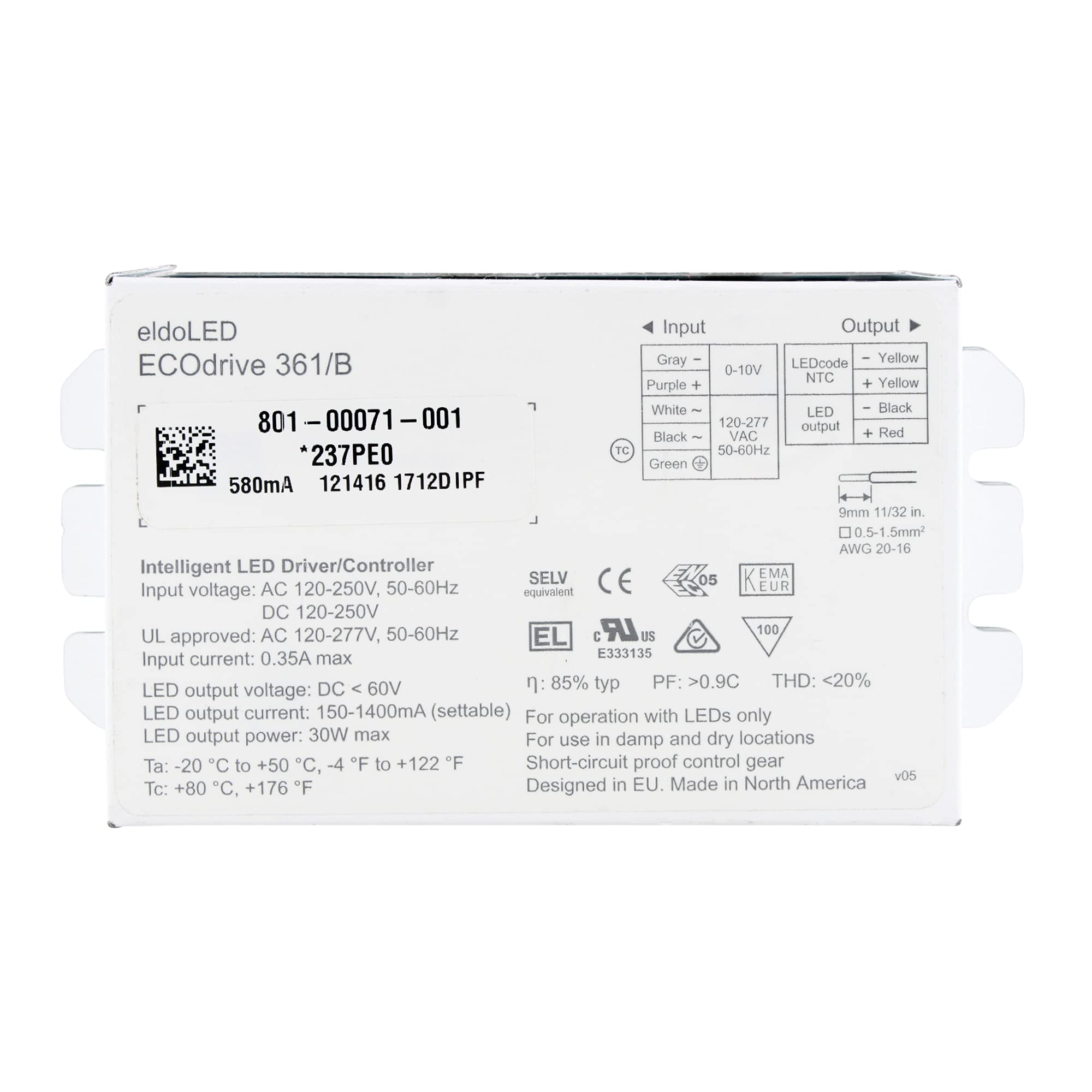 EldoLED ECOdrive 361/B Intelligent 0-10V Dimmable LED Driver, 30W, 120-277V