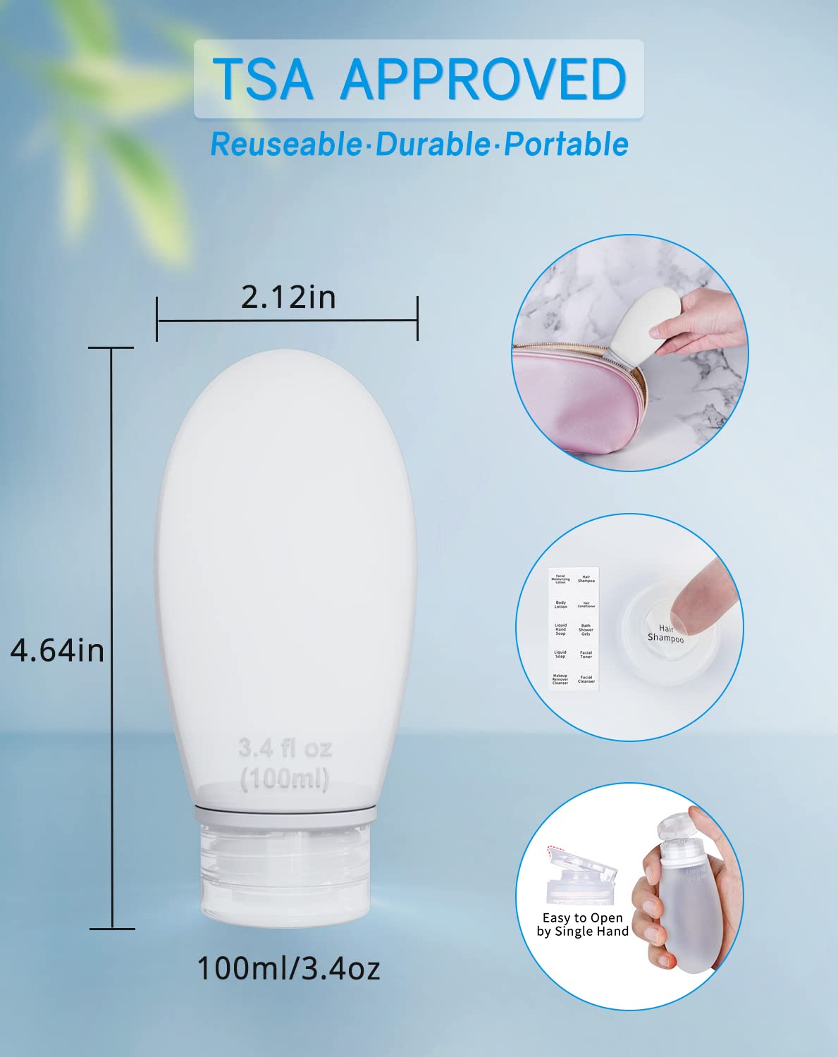 Set 4 In 1 Di Bottiglie Da Viaggio TSA: Flaconi Ricaricabili A Prova Di Perdite Con Ventosa A Muro. Perfetto Per Aereo E Palestra.