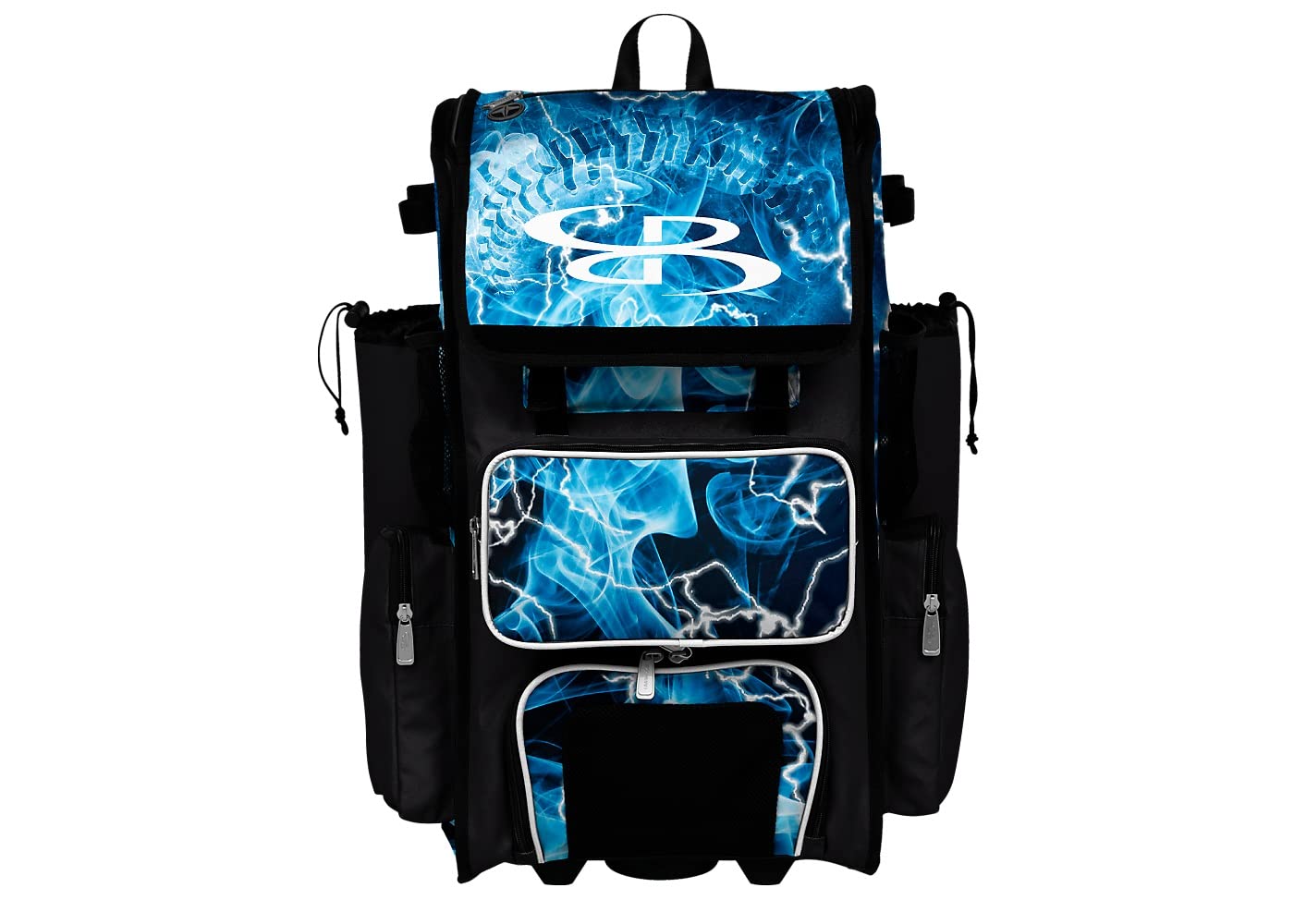 BoombahRolling Superpack 2.0 Baseball/Softball Gear Bag - 23-1/2" x 13-1/2" x 9-1/2" - Telescopic Handle - Holds 4 Bats - Wheeled Version - The Natural 3.0 Black/White/Columbia Blue