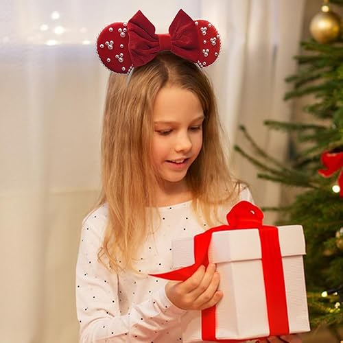 Miniatura 5 de JIAHANG Diadema de terciopelo con orejas de ratón y perlas, decoración roja de fiesta de Navidad, accesorios para el cabello para mujeres y niñas