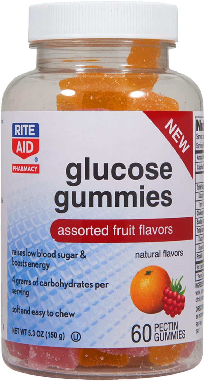 Rite Aid Glucose Energy Gummies with Citrus Pectin, Assorted Fruit Flavors - 60 Count | Low Blood Sugar Support | Vegetarian & GMO Free | Nut-Free | Gelatin-Free | 4 Carbs per Serving