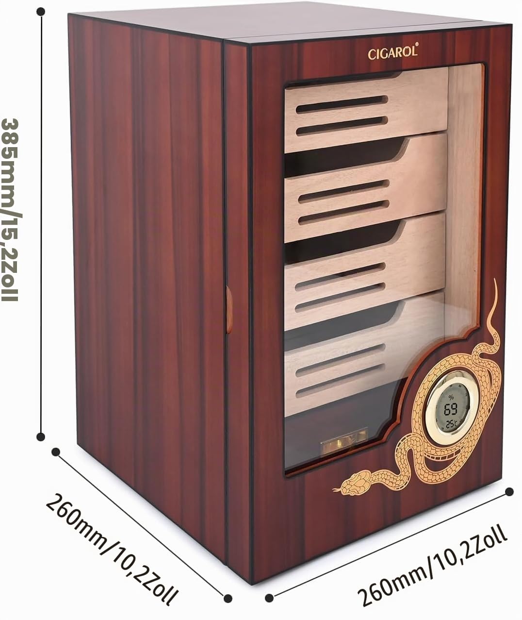 Velonx Humidor Zigarren, Handgefertigter Zedernholz Humidor Schrank für 200 Zigarren with Digital Hygrometer, Humidifier, Mit Glastür, 4+1 Fachböden, für Männer/Väter/Ehemänner