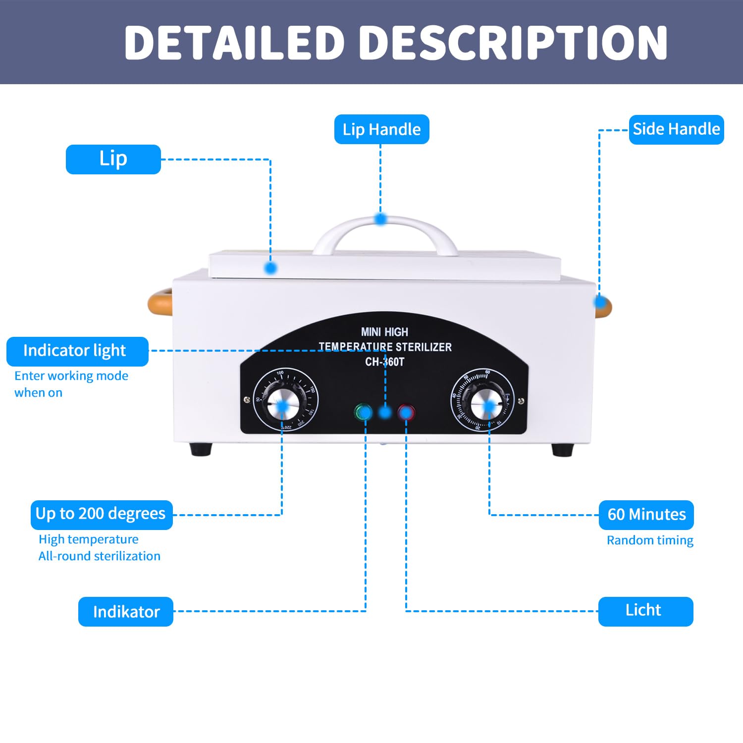 1.5L Heißluftsterilisator 220°C 300W Temperatur Einstellbar Sterilisator für Instrumente mit Timer Nagel Werkzeug Pinzetten Schere Sterilisator für Kosmetik Fusspflegestudios Friseursalon