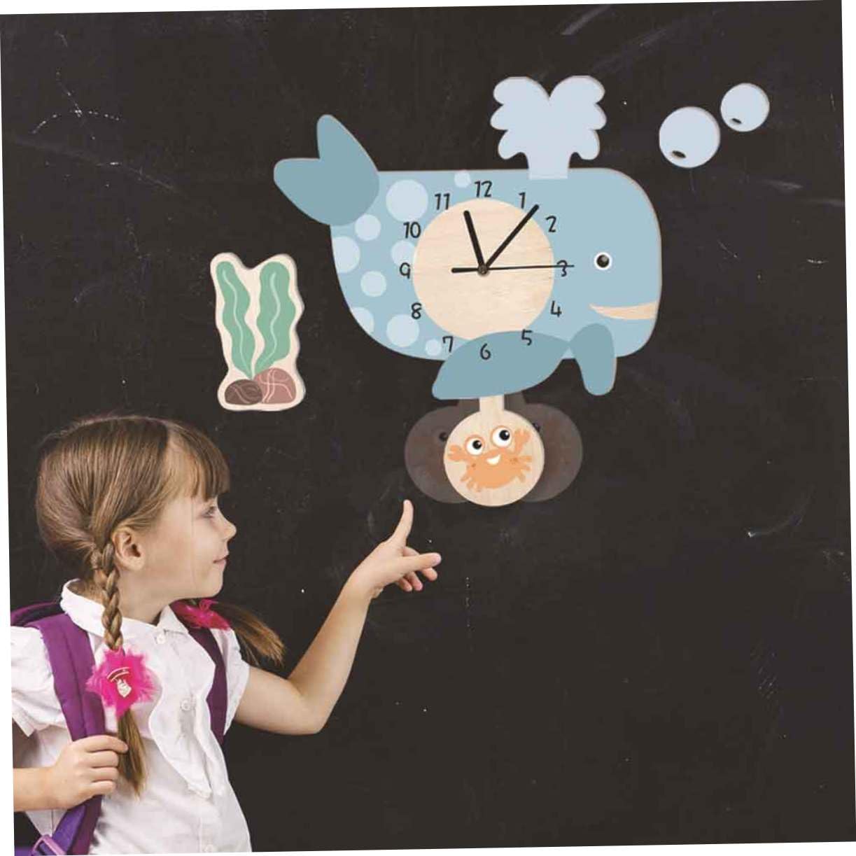 POPETPOP Reloj de Pared de Ballena Péndulo Silencioso y Fácil de Colgar, Diseño Creativo de PVC Adecuado para Oficina o Clase, Decoración Única para Pared