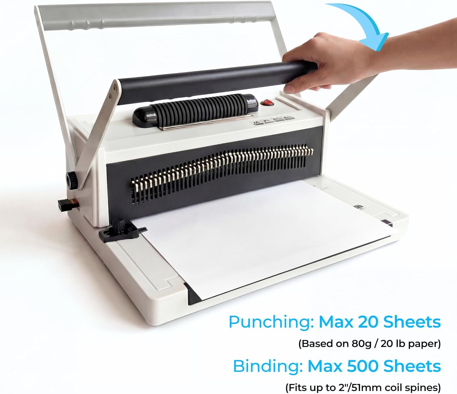 Spiral Binding Machine with Electric Coil Inserter, 20-Sheet Manual Punch, 4:1 Pitch, 46 Fully Disengageable Pins for Versatile Binding - Binds up to 500 Sheets - Includes 100 Coils & Crimping Pliers