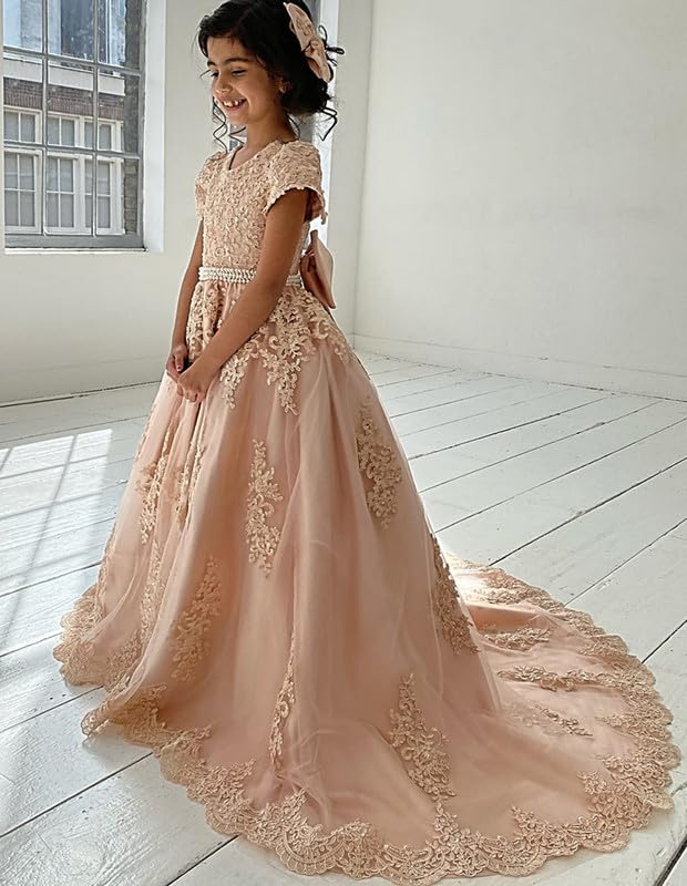 Girl's Lace Appliques Flower Girl Dress with Sleeves Bow-Knot Princess Pageant Dresses Ball Gown2