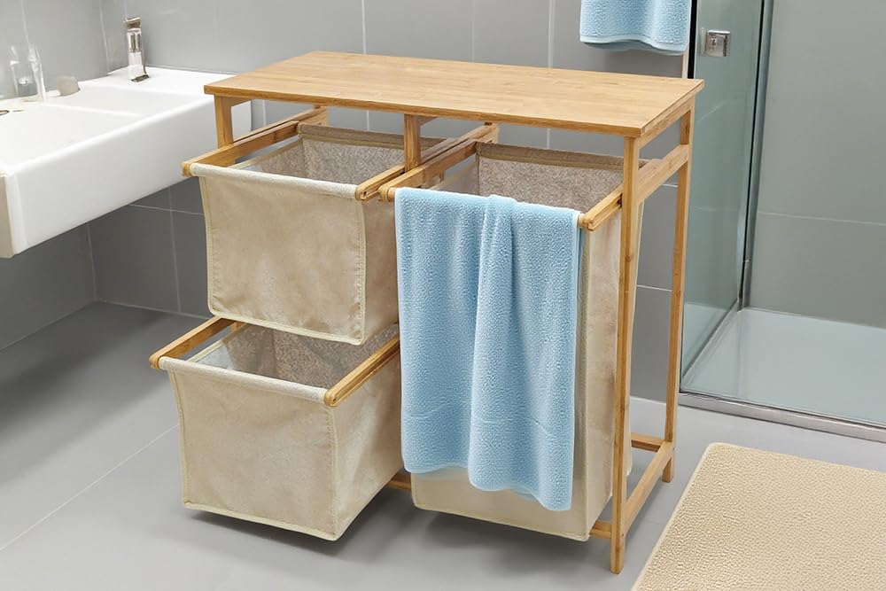 Riess Ambiente Wäschekorb Lagoon SPA - 70cm - beige Natur - Bambusholz | Hohe Belastbarkeit, stabile Konstruktion, textiler Bezug, Massivholz